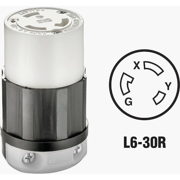 Locking Connector, L6-30R, 30 A, 250V AC, 2 Pole, Screw Terminals, Black, White